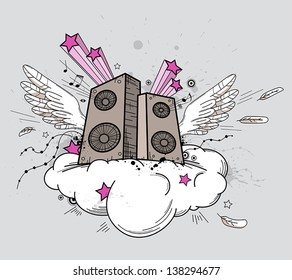 Vector music background with speakers and wings