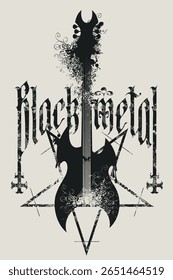 Vector music banner in A4 format with the inscription "Black Metal" in gothic font, electric guitar, inverted crosses and pentagram. Poster, t-shirt design, tatoo, music album cover, flyer. No ai 