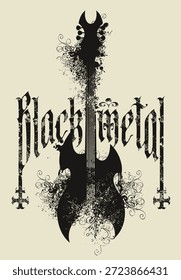 Anuncio de música Vector en formato A4 con la inscripción "Black Metal" en letra gótica, guitarra eléctrica y cruces invertidas. Póster, diseño de camiseta, tatuaje, portada de álbum de música, volante.