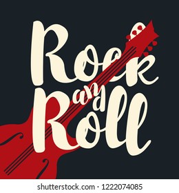 Vector music banner with calligraphic inscription Rock and Roll and electric guitar on black background. Creative illustration for t-shirt design in modern style