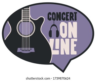 Vector music banner in form of speech bubble for an online concert with a guitar and headphones. Suitable for advertising, poster, web banner, flyer, invitation, sticker, web page, design element
