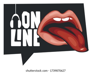 Vector music banner in form of speech bubble for online broadcasting with a human mouth and a protruding tongue. Suitable for advertising, poster, flyer, invitation, sticker, web page, design element