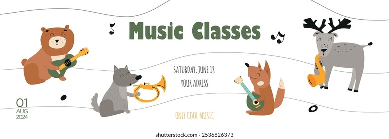 Banner de música vetorial com animais engraçados da floresta. Design de panfletos para festivais musicais, aulas ou concertos. Personagens de músico bonito plano.
