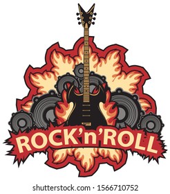 Vector music banner with lettering Rock and roll, an electric guitar, speakers and fire in modern style. Creative illustration, suitable for flyer, poster, t-shirt design, tattoo, icon, logo, label