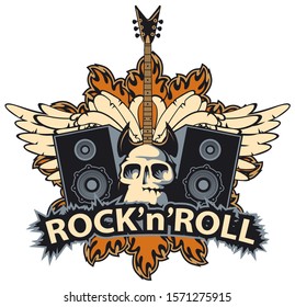 Vector music banner with lettering Rock and roll, human skull, electric guitar, speakers, white wings and fire. Creative modern illustration, suitable for flyer, poster, t-shirt design, tattoo