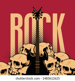 Vector music banner on the Rock theme decorated with electric guitar and human skulls. Creative illustration for t-shirt design in modern style