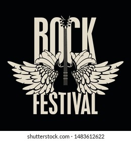 Vector music banner or poster with words Rock festival decorated with electric guitar and wings. Creative illustration for t-shirt design in modern style