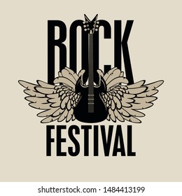 Vector music banner or poster with words Rock festival decorated with electric guitar and wings. Creative illustration for t-shirt design in modern style