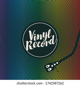 Banner de música vectorial con disco de vinilo arco iris, reproductor de discos e inscripción caligráfica. Adecuado para carteles musicales, volante, tarjeta, folleto, invitación, portada