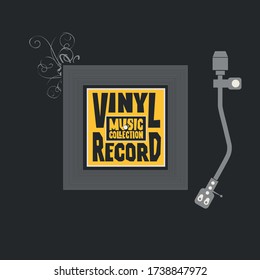 Vector music banner with square label for vinyl record. Decorative illustration with record player and words Vinyl record, Music collection. Suitable for music poster, flyer, invitation, cover