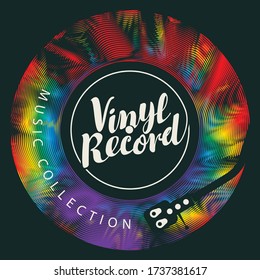 Vector music banner with vibrant multicolored vinyl record, record player and calligraphic lettering on the black background. Suitable for disco poster, flyer, invitation, cover