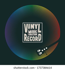 Vector music banner with vinyl record, record player and words Vinyl record, Music collection. Suitable for music poster, flyer, invitation, cover. Illustration with colored LP on the black background