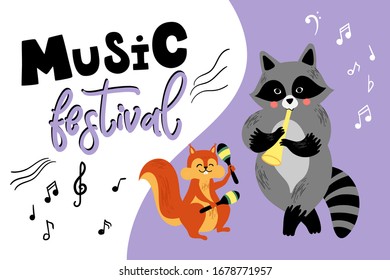 Vector music card with cartoon animals musicians playing musical instruments. Cute illustration