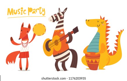 Vector music cardr with cartoon animals musicians playing musical instruents. Jazz concert poster. Funny characters.