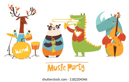 Vector music characters. Music party poster with cartoon animals musicians playing musical instruents. Jazz concert poster.