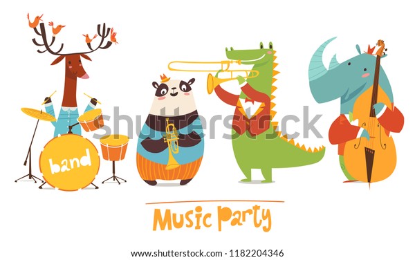Vector\
music characters. Music party poster with cartoon animals musicians\
playing musical instruents. Jazz concert\
poster.