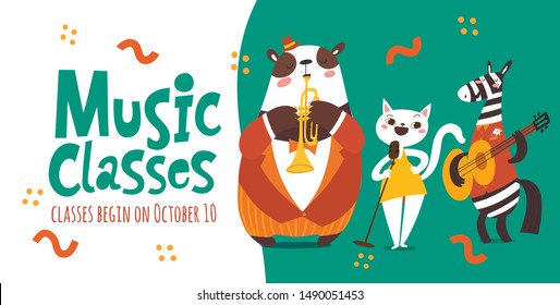 Vector music classes flyer design with cute cartoon animals playing music instruments and singing.Template for jazz concert, festival or music event in modern flat style.