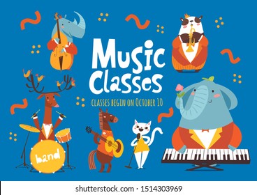 Vector music classes  poster or flyer design with cute cartoon animals playing music instruments and singing. Placard template for jazz school classes, festival or music event in modern flat style.