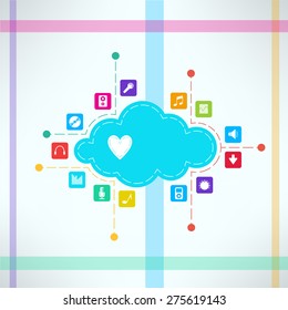 Vector music cloud with icons set. Online music and audio storage technology. Social network concept