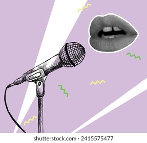 Vector music collage with sketch of microphone and lips in halftone