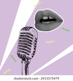 Colección de música vectorial con boceto de micrófono y labios en medio tono