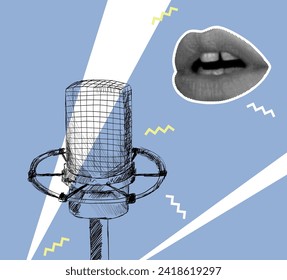 Vector music collage with sketch of microphone and lips in halftone