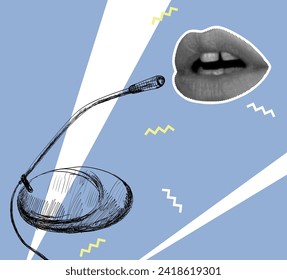 Vector music collage with sketch of microphone and lips in halftone