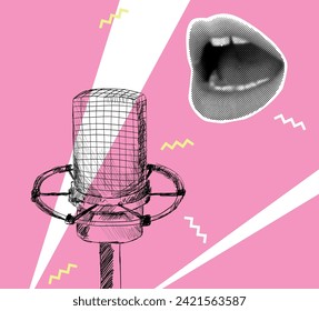 Vector music collage with sketch of microphone and lips in halftone