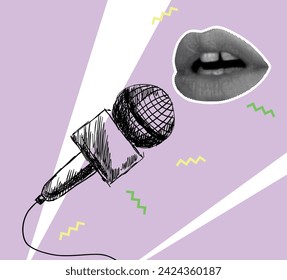 Vector music collage with sketch of microphone and lips in halftone