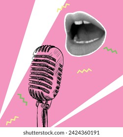 Vector music collage with sketch of microphone and lips in halftone