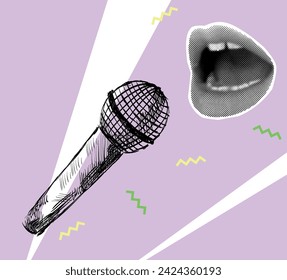 Vector music collage with sketch of microphone and lips in halftone