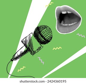 Vector music collage with sketch of microphone and lips in halftone