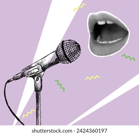 Vector music collage with sketch of microphone and lips in halftone