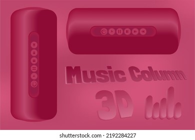Vector music column with 3D effect in pink colors. Graphic illustration. Modern music player.