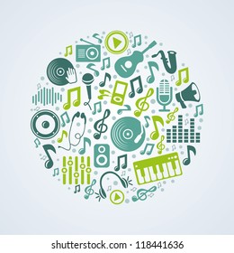 Vector music concept with bright icons and notes