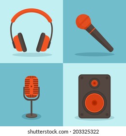 Vector music concepts in flat style. Set of icons - microphones, speakers