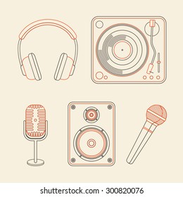 Vector music concepts in linear style. Set of icons - microphones, speakers, turntable