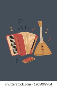 Vector music design with accordion, balalaika and harmonica. Cartoon doodle illustration for invitation, card, poster, print or flyer.