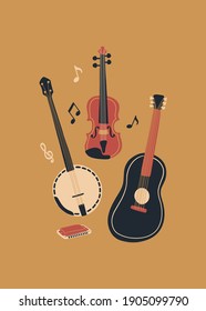 Vector music design with banjo, acoustic guitar, violin, notes and harmonica. Cartoon doodle illustration for invitation, card, poster, print or flyer.