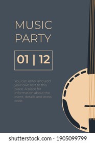 Vector music design with banjo. Cartoon doodle illustration for invitation, card, poster, print or flyer.