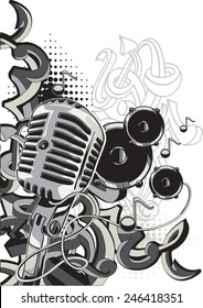 Vector music design - microphone, speakers & graffiti arrows