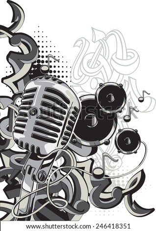 Vector music design - microphone, speakers & graffiti arrows