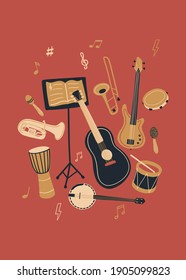 Vector music design with musical instruments and musical equipment . Cartoon doodle illustration for invitation, card, poster, print or flyer.