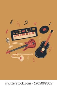 Vector music design with synthesizer, bass guitar, acoustic guitar, vintage microphone, vinyl, drum sticks, notes, trumpet . Cartoon doodle illustration for invitation, card, poster, print or flyer.