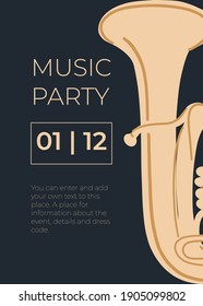 Vector music design with tube or trumpet. Cartoon doodle illustration for invitation, card, poster, print or flyer.