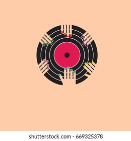 vector music disk and hand flat design , together relax concept