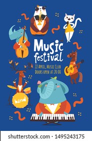 Vector music festival poster design with cartoon animals playing music instruments and singing