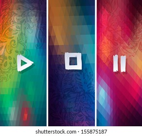 Vector music geometric background. Bright horizontal banners. Media player icons. Vector. elements for web, applications, electronic and press media. Vector illustration