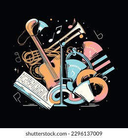 Vector music guitar and trumpet instruments illustration hand drawn
