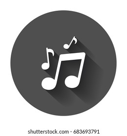 Vector music icon. Sound note illustration on black round background with long shadow.